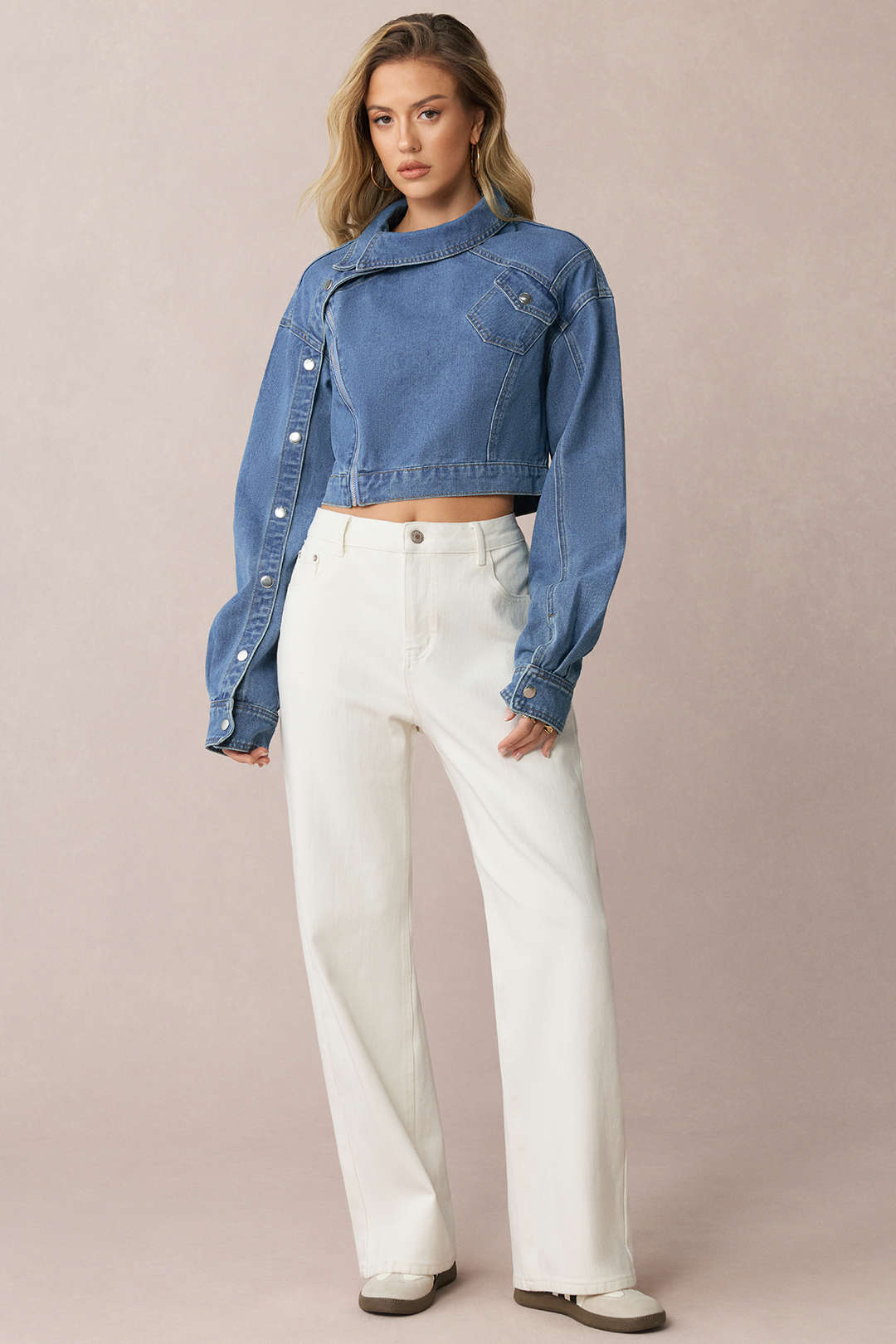 "Denim Asymmetrical Zipper Long-Sleeve Top"