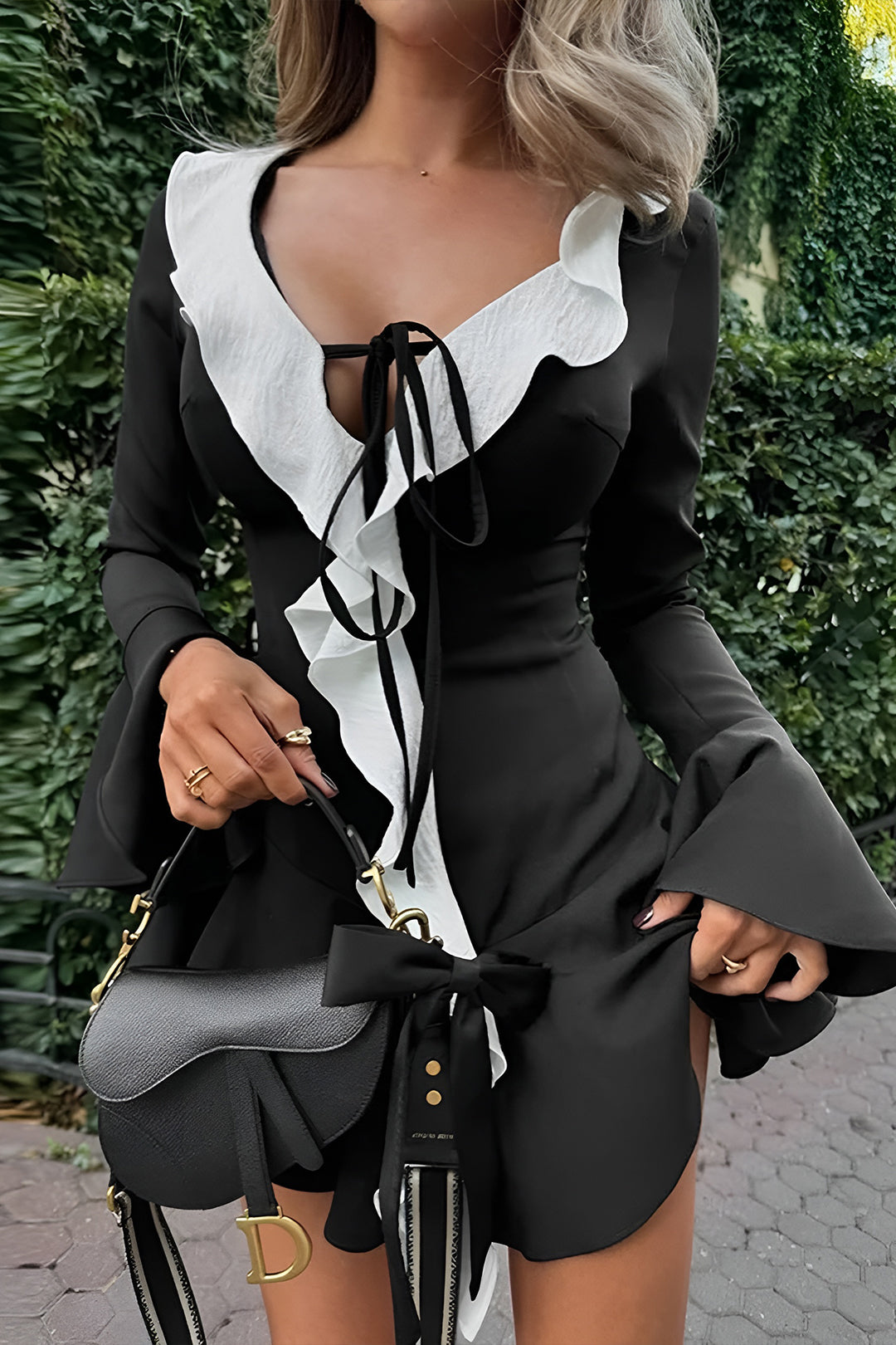 "Contrast Ruffle Neck Tie Front Bell Sleeve Mini Dress"