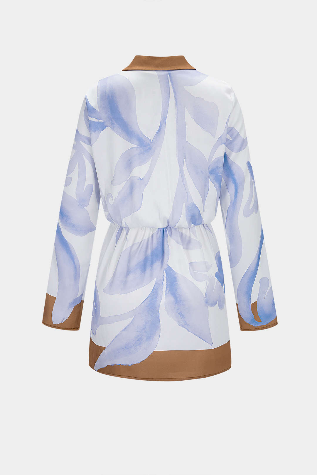 "Contrast Leaves Print Satin Tie Front Long Sleeve Mini Dress"