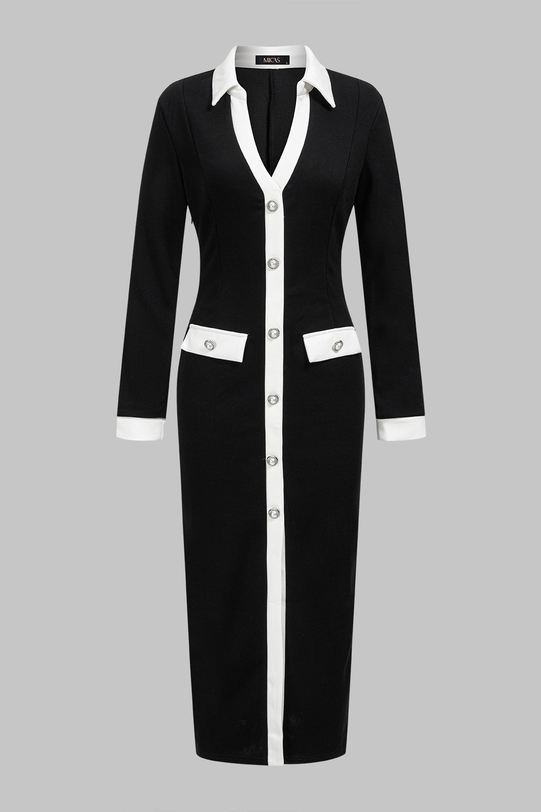 "Contrast Trim V-Neck Button Long Sleeve Maxi Dress"