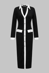 "Contrast Trim V-Neck Button Long Sleeve Maxi Dress"