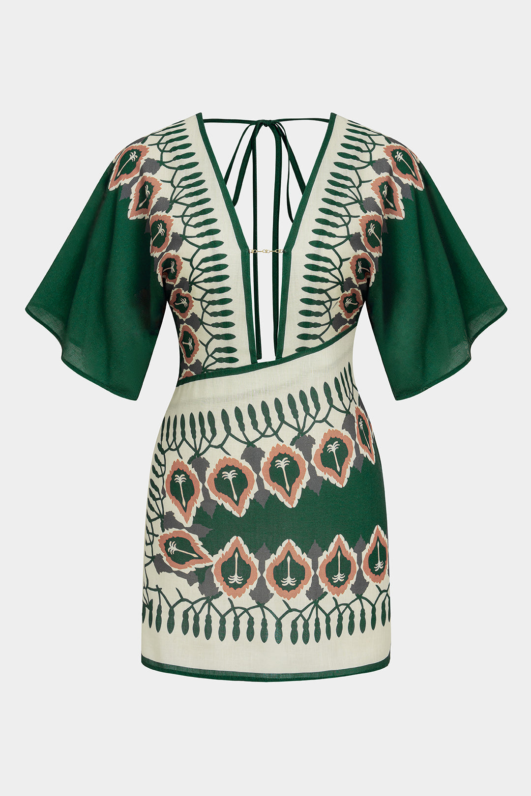 "Artistic Print Linen Deep V-Neck Short Sleeve Mini Dress"