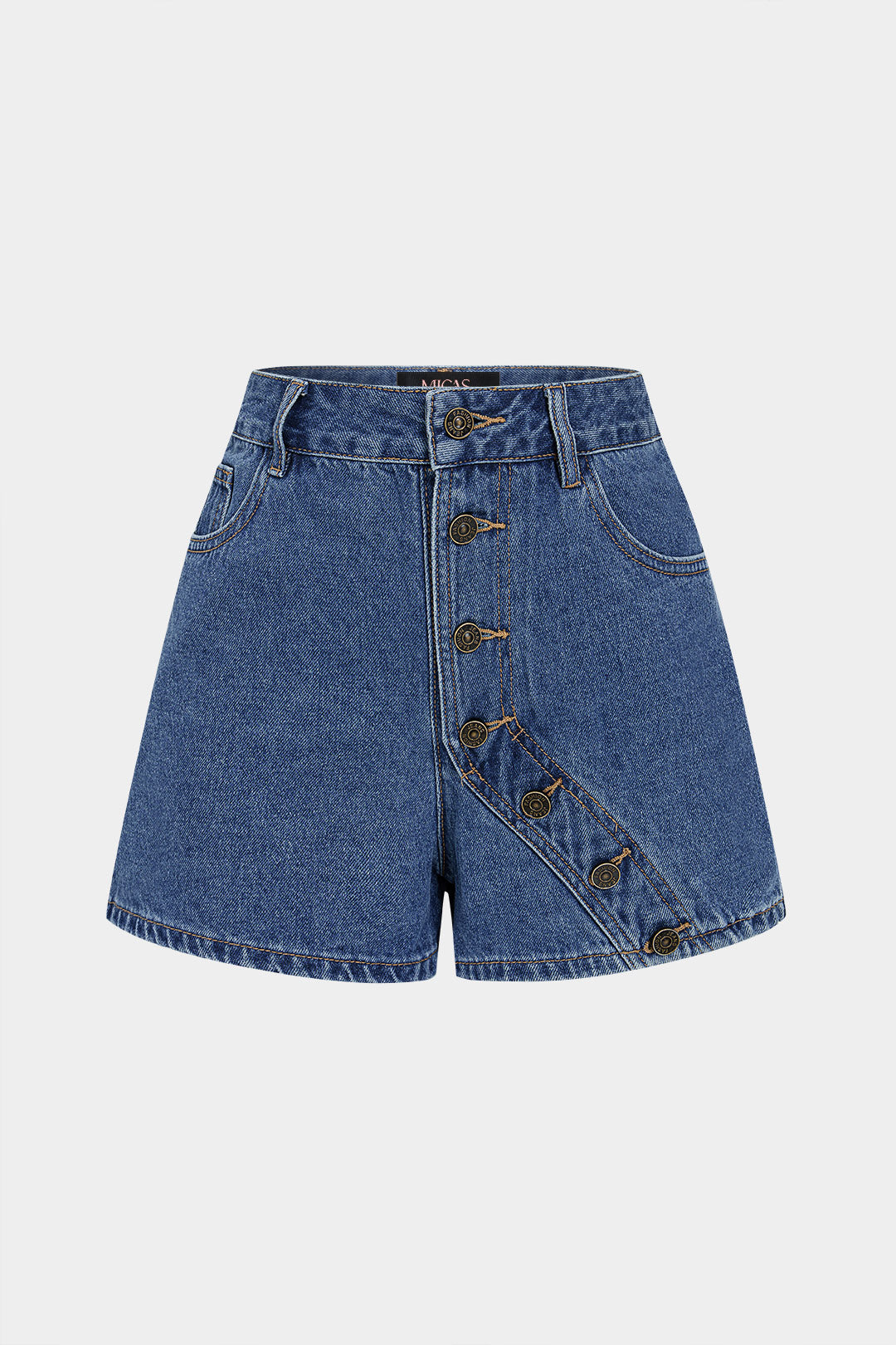 "Denim Asymmetrical Button Shorts"