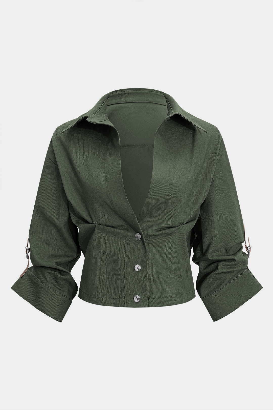 "Button Ruched Short-Sleeve Shirt"