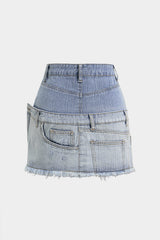 "Denim Contrast Asymmetrical High Waist A-Line Skirt"
