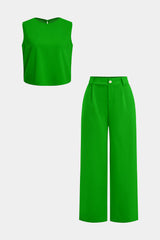 "Basic Solid Sleeveless Top And Straight Leg Pants Set"