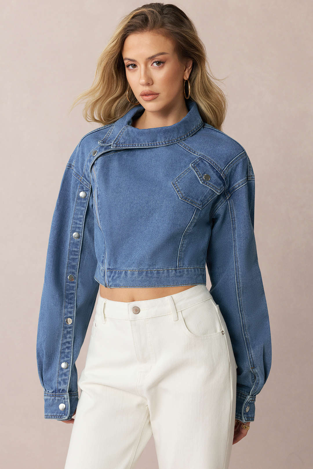 "Denim Asymmetrical Zipper Long-Sleeve Top"