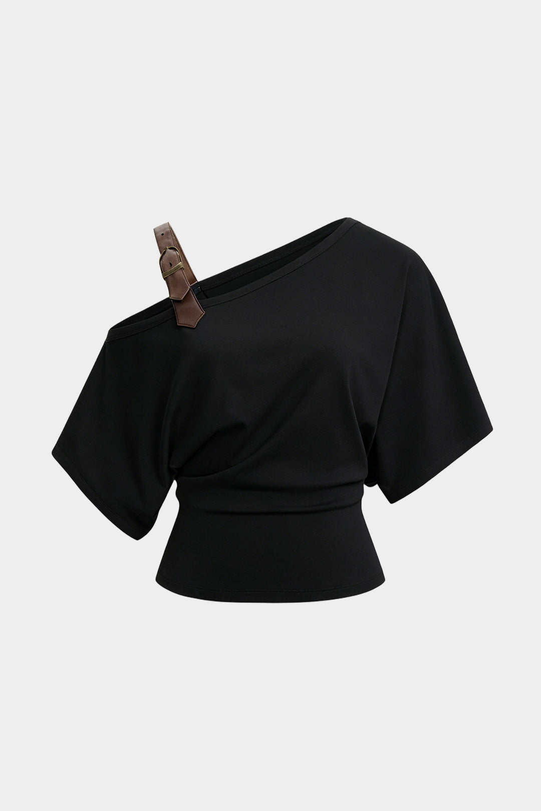 "Asymmetrical Faux Leather Buckle One Shoulder Short Sleeve Top"