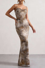 "Abstract Print Patchwork Lace Trim Bustier Sleeveless Maxi Dress"