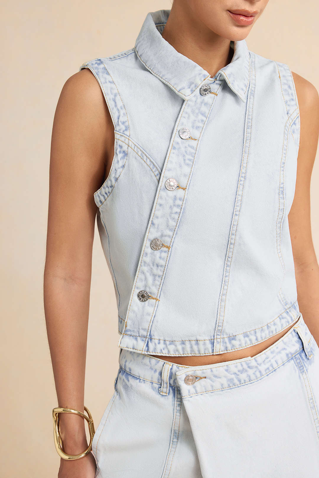 "Denim Asymmetrical Button Tank Top"