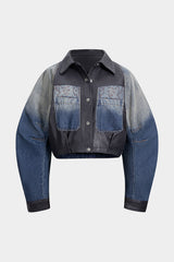 "Denim Faux Leather Patchwork Outerwear"