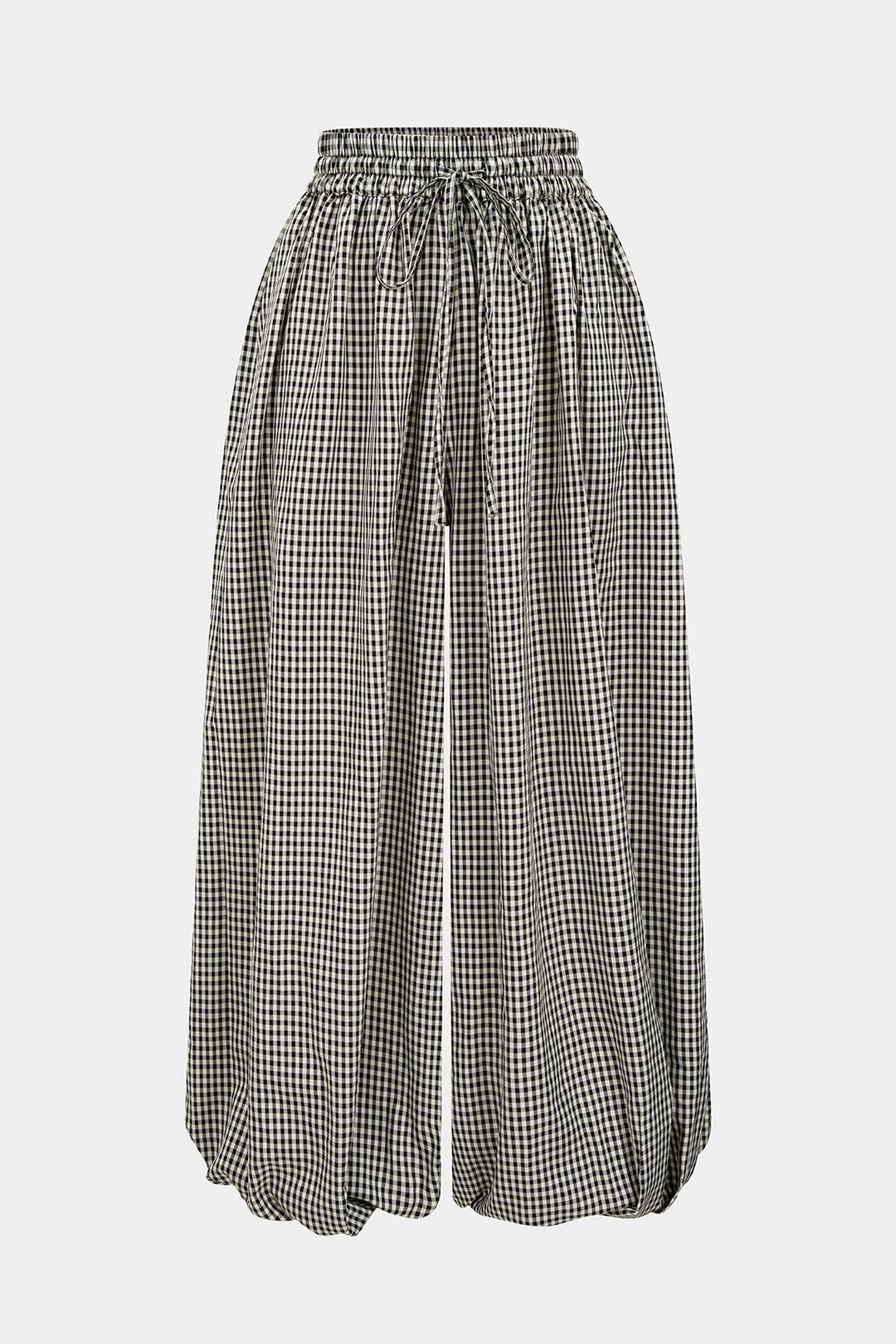 "Checkered Print Tie-Up Lantern Trousers"