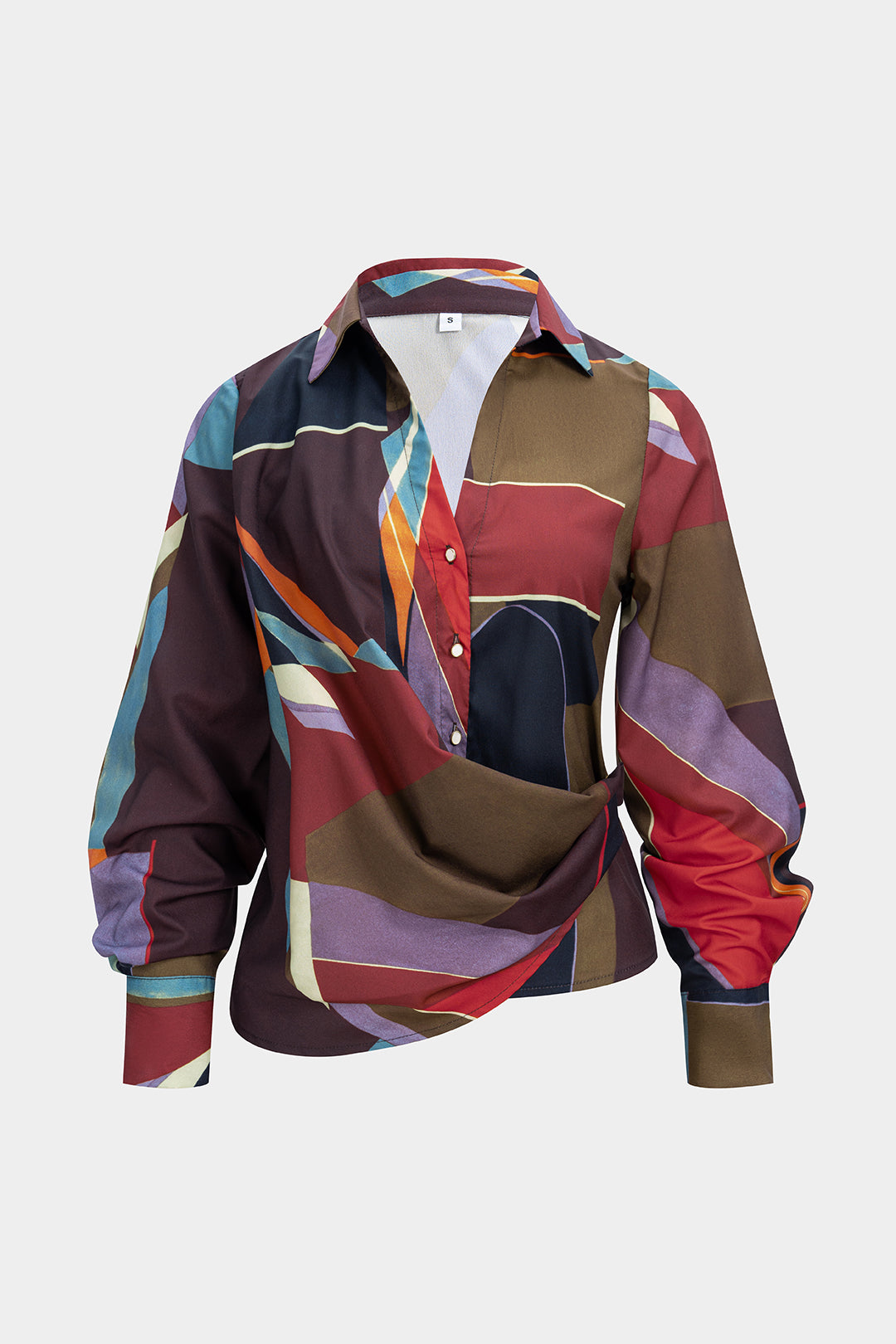 "Contrast Geometric Print Button Ruched Long-Sleeve Shirt"