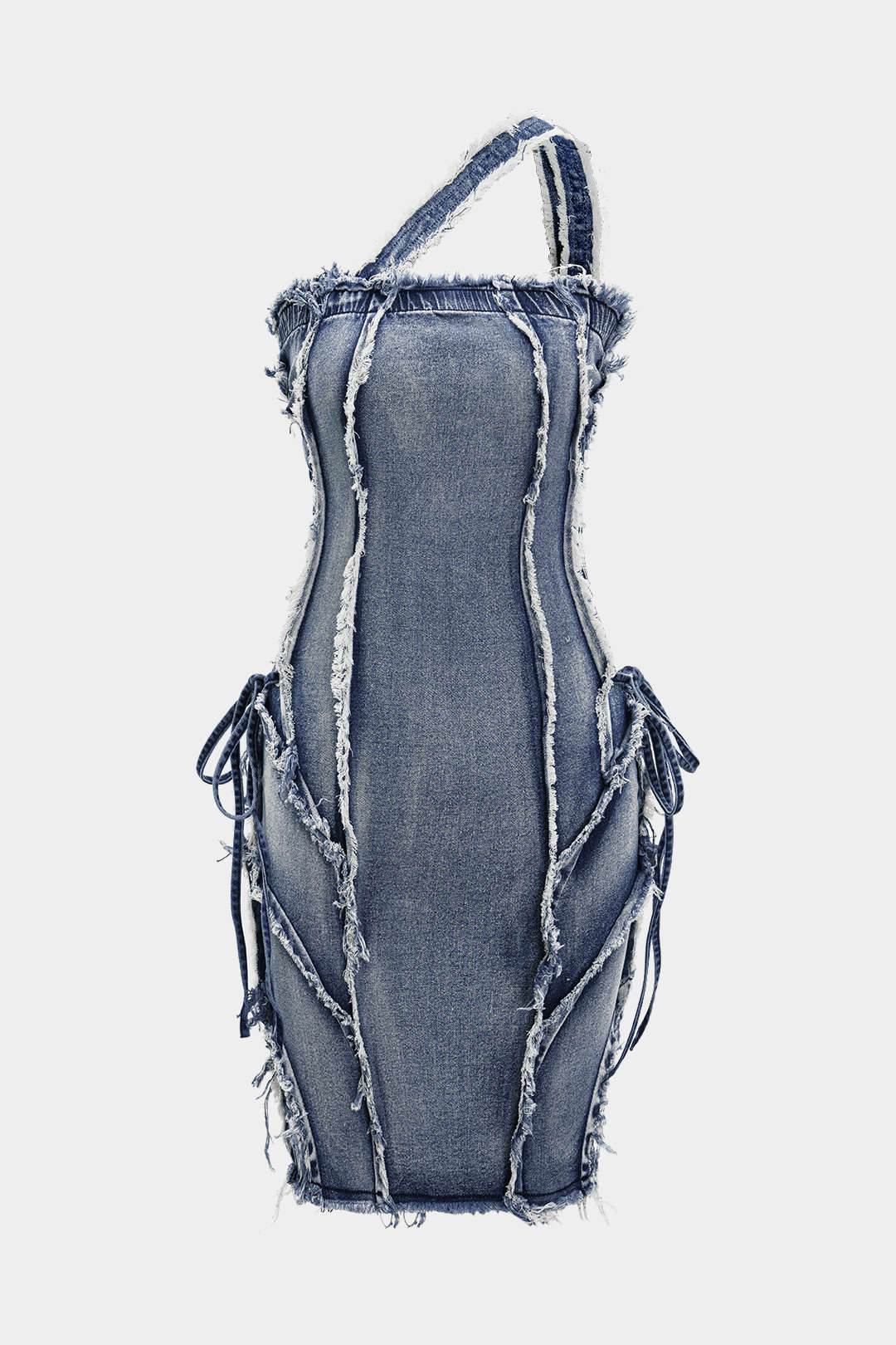 "Asymmetric Frayed Denim Mini Dress"