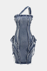 "Asymmetric Frayed Denim Mini Dress"