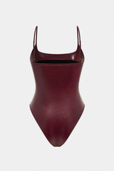 "Basic Solid Faux Leather Sleeveless Bodysuit"