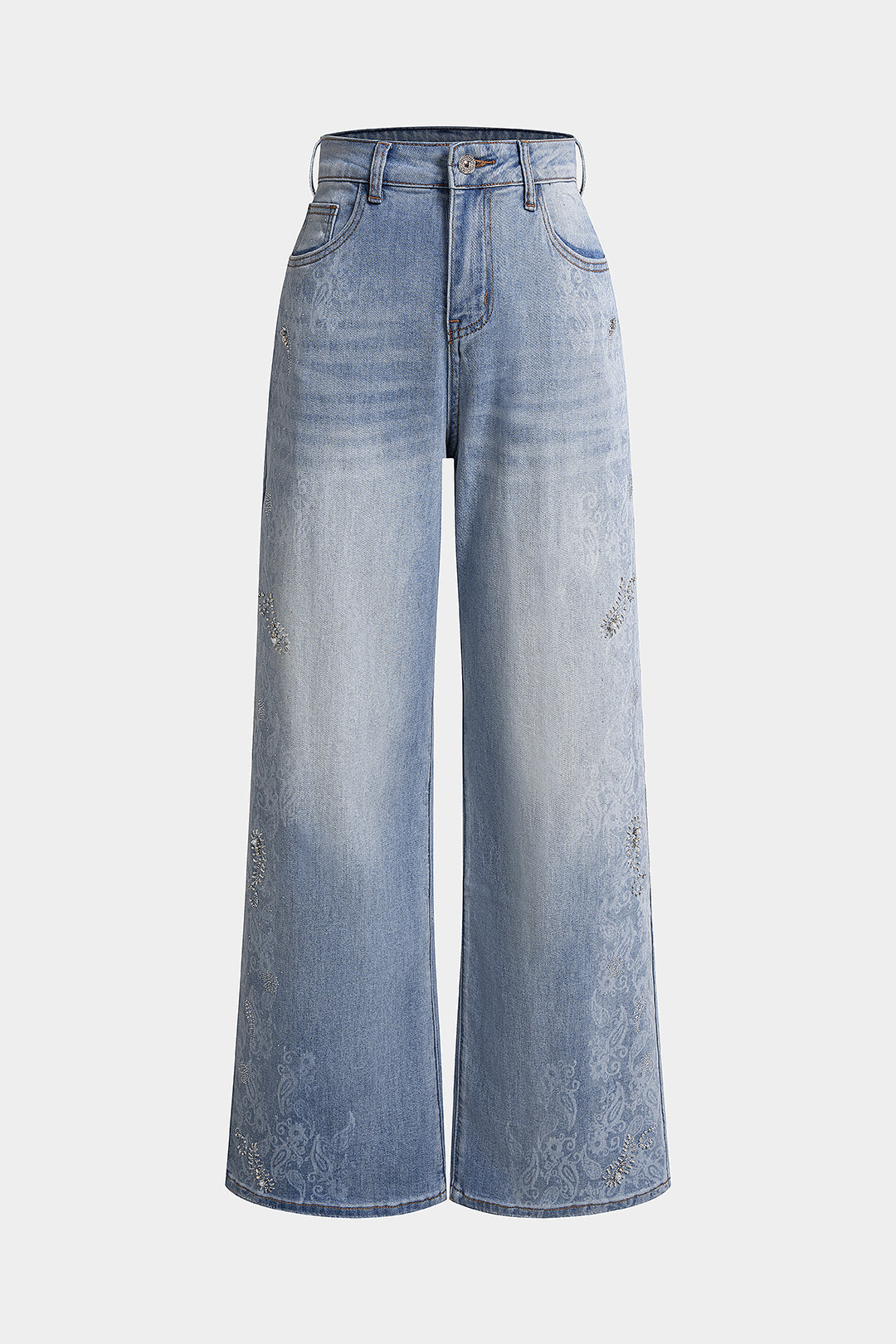 "Denim Artistic Print Rhinestone Straight Leg Jeans"