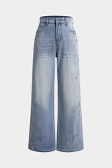 "Denim Artistic Print Rhinestone Straight Leg Jeans"