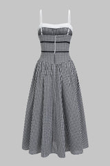 "Contrast Plaid Print Tie Front Sleeveless Midi Dress"