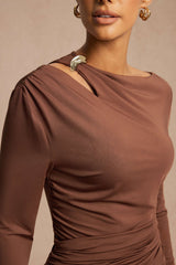 "Asymmetrical Neck Ruched Long Sleeve Mini Dress"
