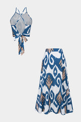 "Abstract Print Satin Crossed Tie Back Cami Top And Skirt Set"