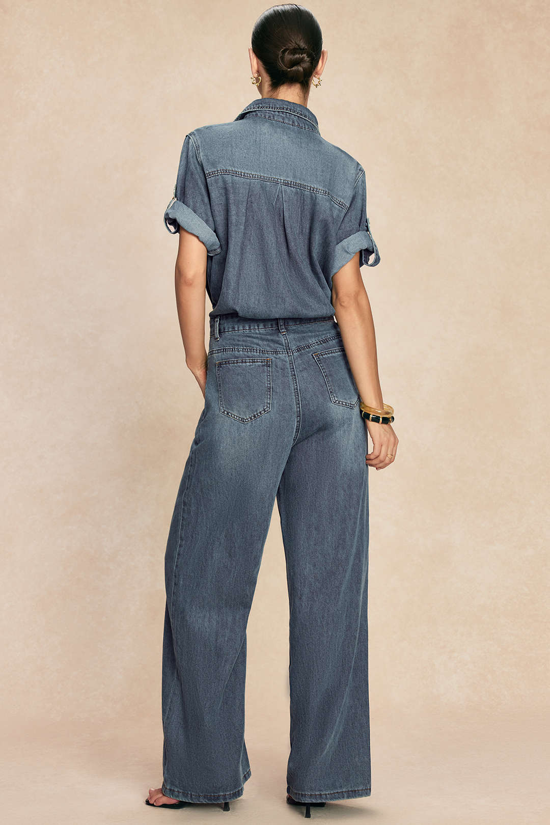 "Denim Lapel Short Sleeve Straight Leg Jumpsuit"