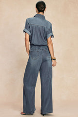 "Denim Lapel Short Sleeve Straight Leg Jumpsuit"