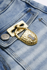 "Denim Metallic Decor Pocket High Waist Shorts"