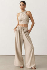 "Crossed Halter Neck Ruched Tie-Up Top And Straight Leg Pants Set"