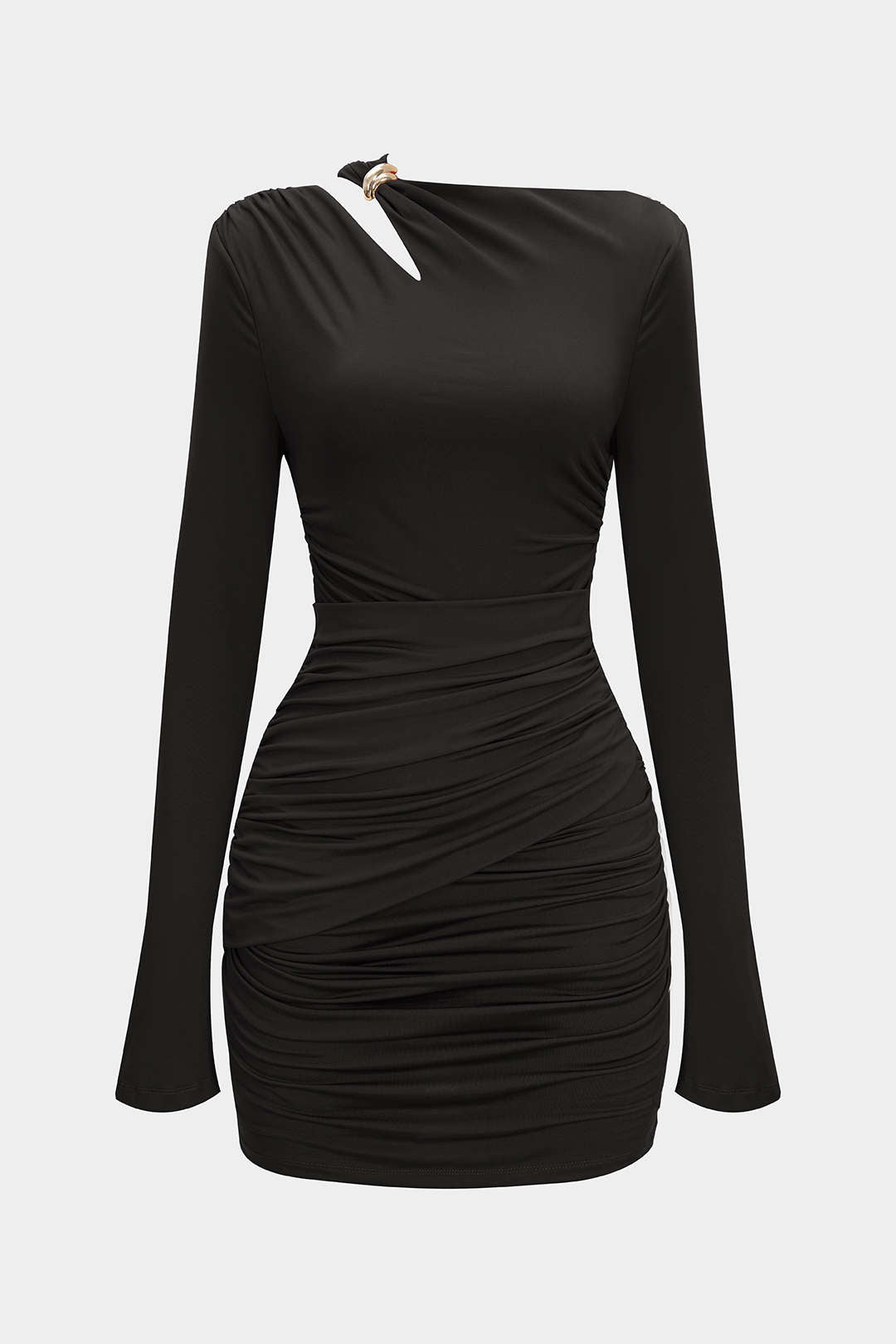 "Asymmetrical Neck Ruched Long Sleeve Mini Dress"