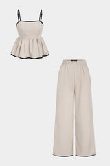 "Contrast Binding Ruched Cami Top And High Waist Wide Leg Pants"