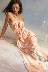 "Bohemian Print Lace Patchwork Knotted Cut Out Strapless Midi Dress"