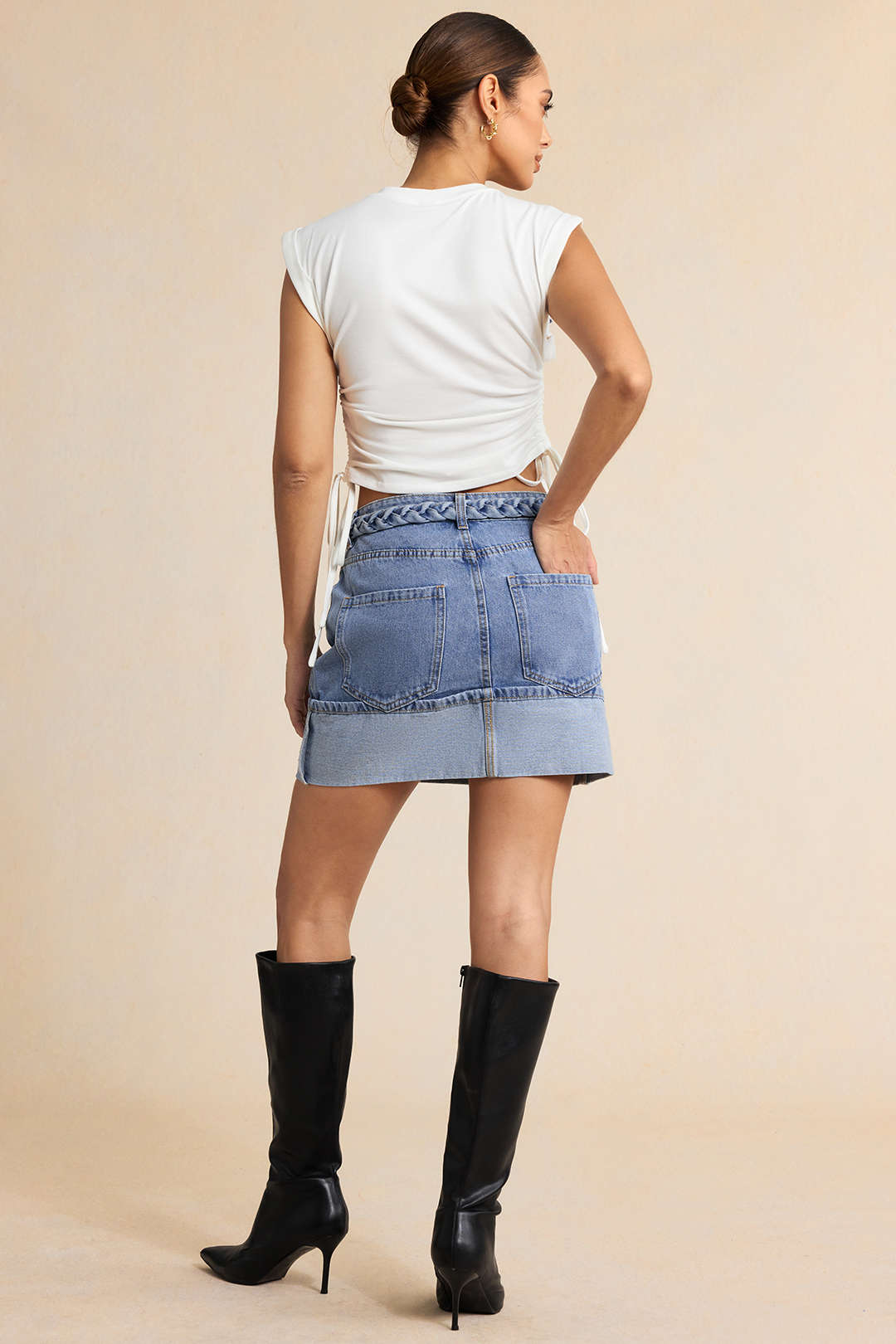 "Denim Braided Belted Pocket Skirt"
