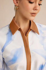 "Contrast Leaves Print Satin Tie Front Long Sleeve Mini Dress"