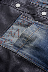 "Denim Faux Leather Patchwork Outerwear"