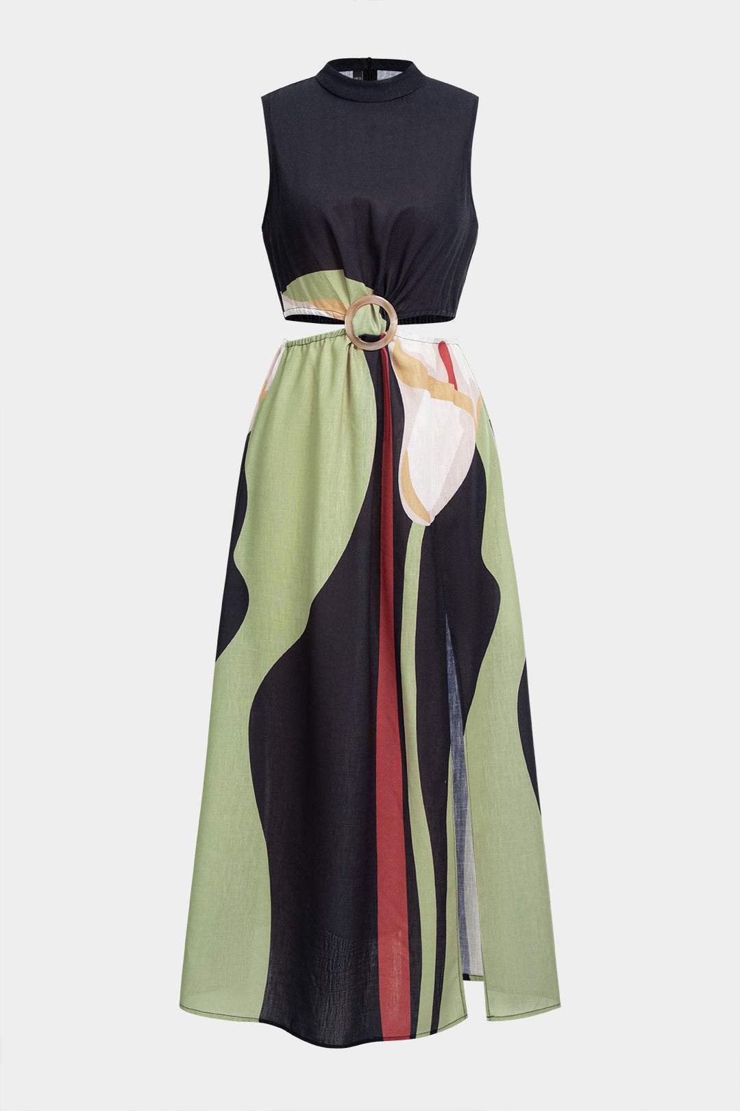 "Abstract Floral Print Ruched Cut Out Sleeveless Maxi Dress"