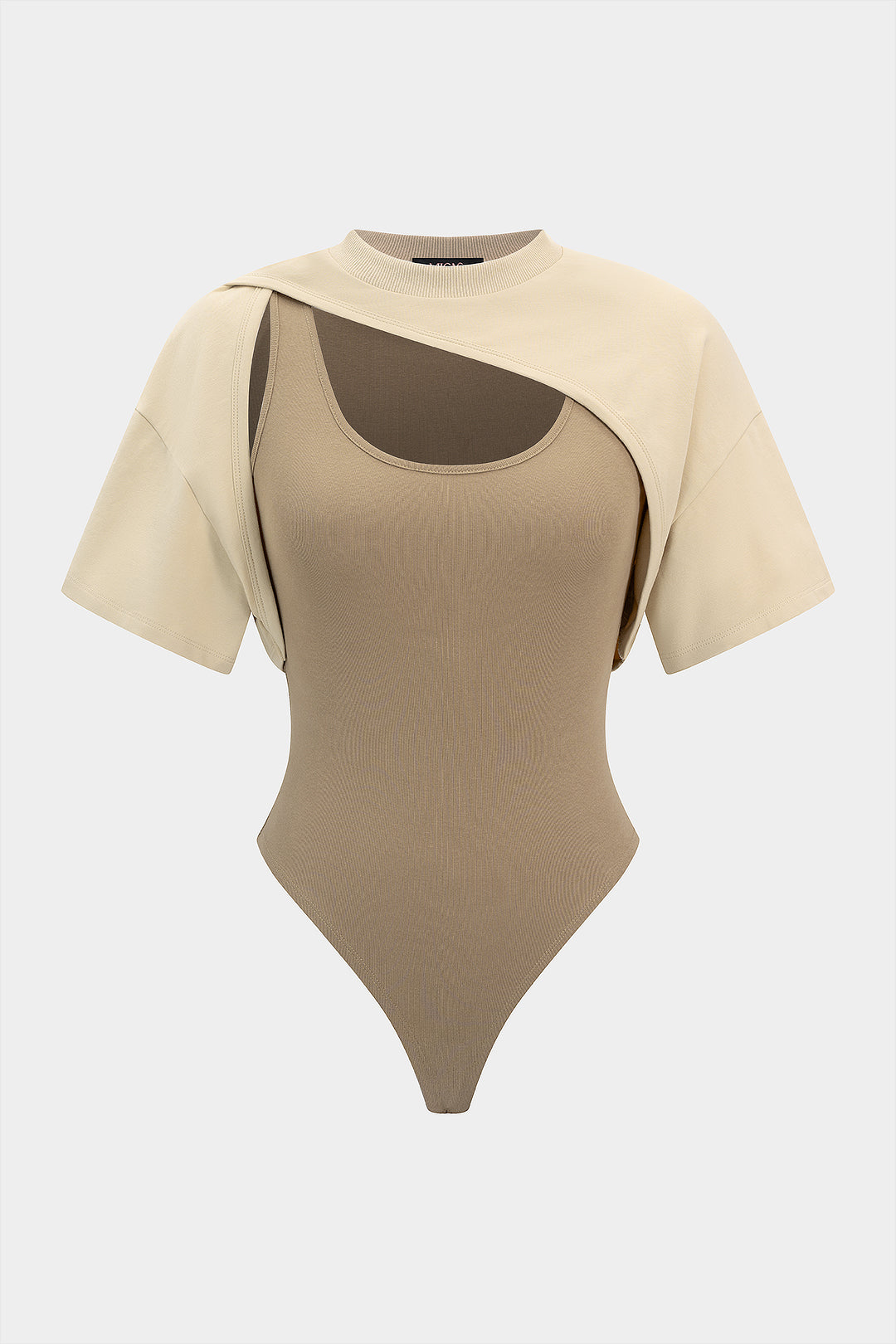 "Contrast Round Neck Asymmetrical Short Sleeve Bodysuit"