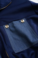 "Contrast Print Denim Patchwork Smocked Zipper Jacket"