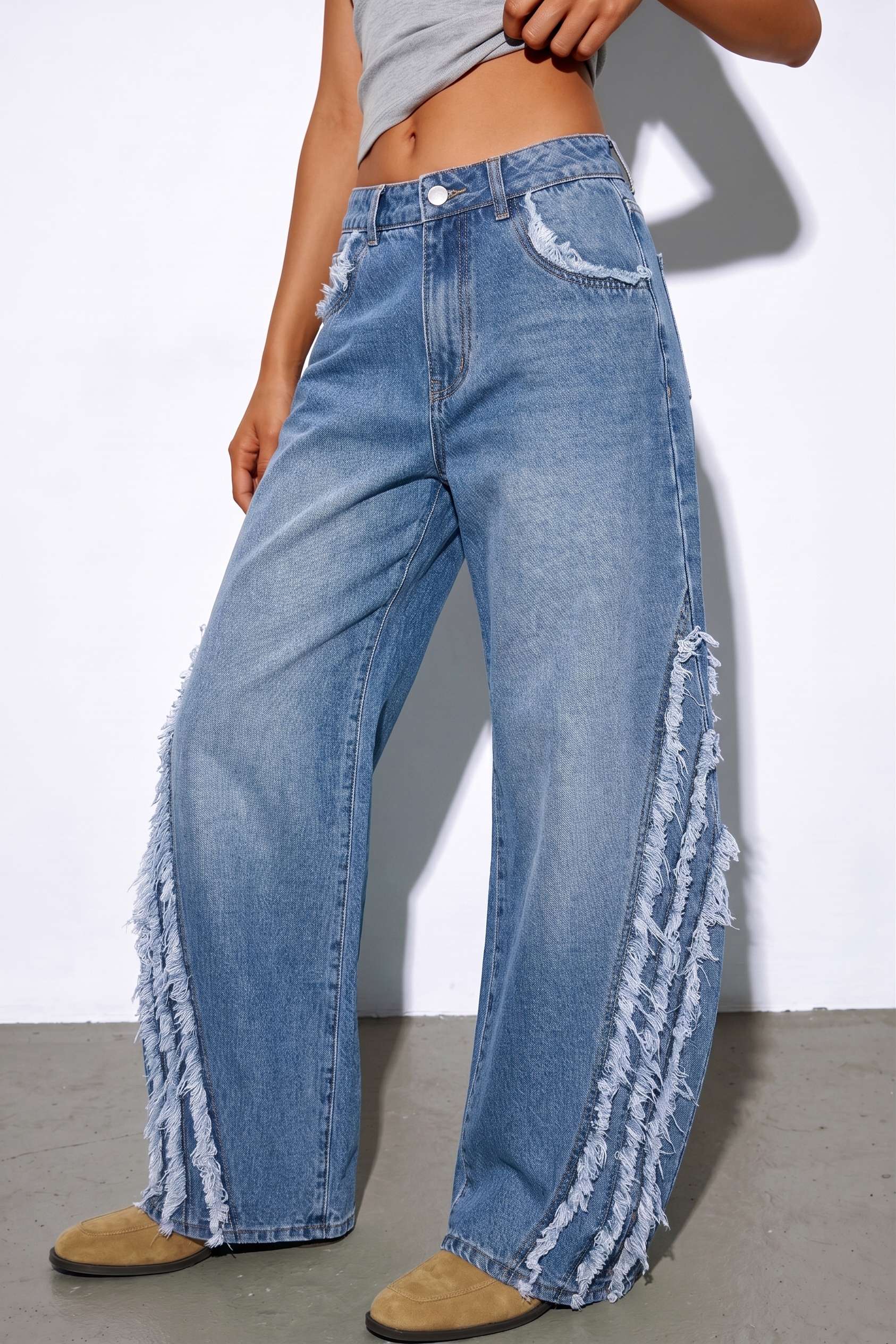 "Denim Frayed Wide Leg Jeans"