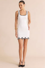 "Contrast Embroidery Pearls Sleeveless Mini Dress"