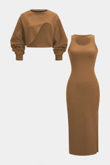 "Asymmetrical Long-Sleeve Top And Sleeveless Dress Set"