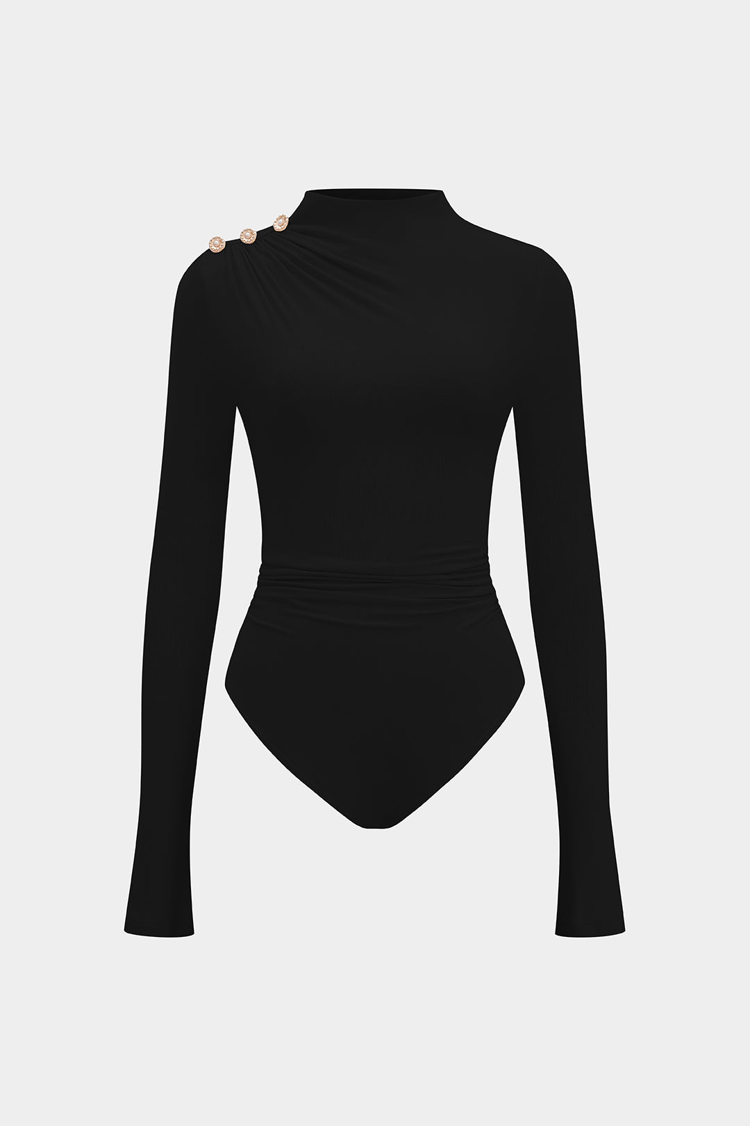 "Asymmetrical Button Ruched Long Sleeve Bodysuit"