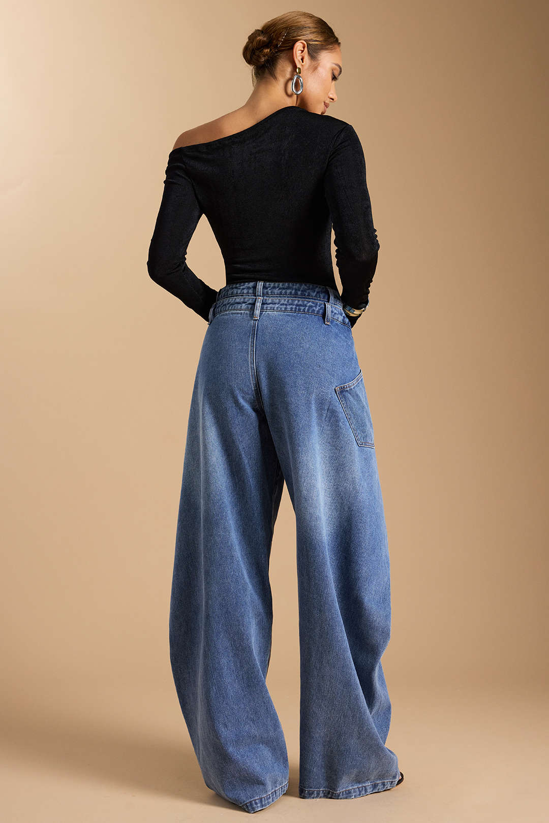 "Denim Asymmetric Button Jeans"