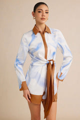 "Contrast Leaves Print Satin Tie Front Long Sleeve Mini Dress"