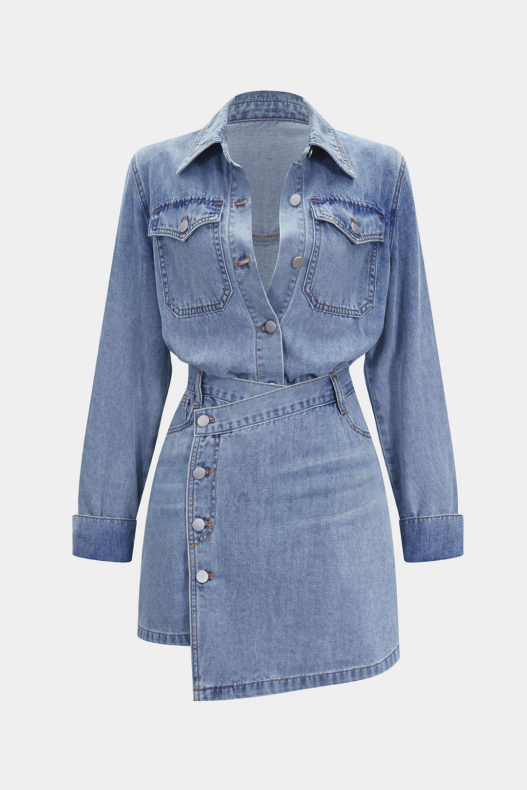 "Denim Button Long-Sleeve Top And High Waist Mini Skirt Set"