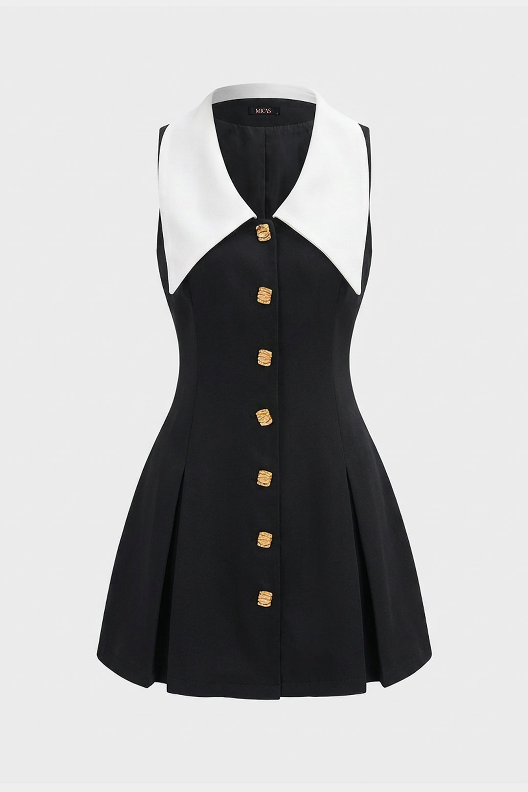 "Contrast Lapel V-neck Metallic Sleeveless Mini Dress"