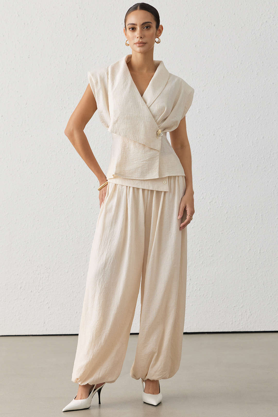 "Asymmetrical Button Ruched Wide Leg Pants"