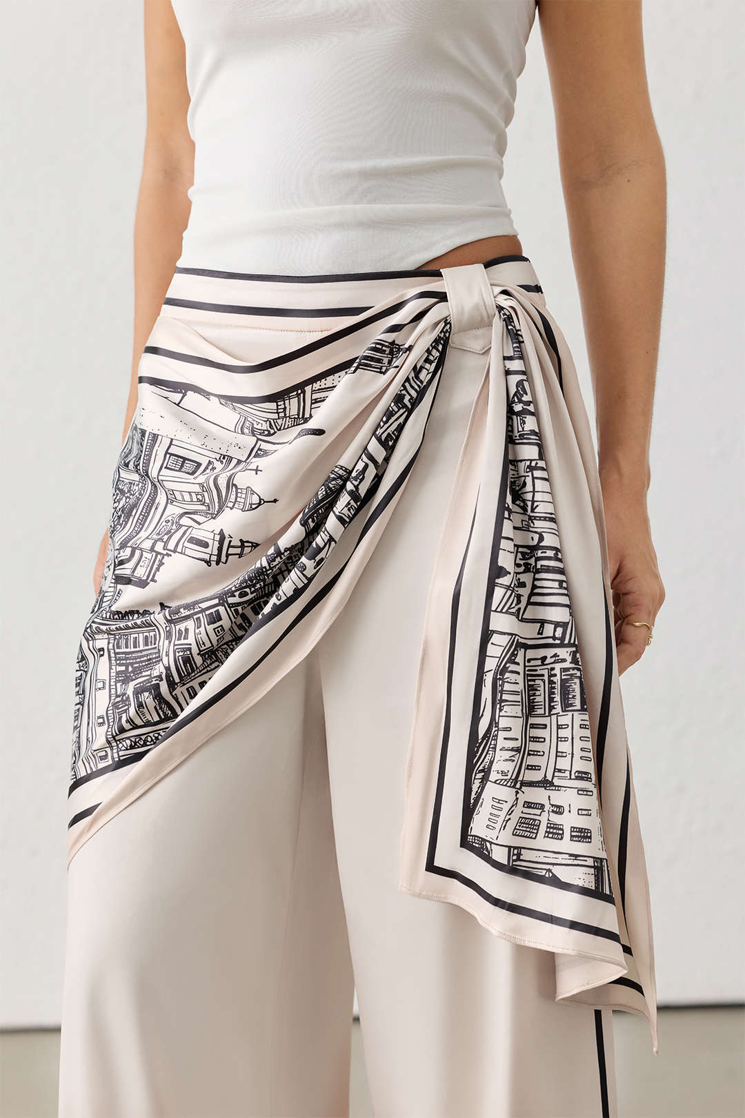"Artistic Print Satin Ruched Asymmetrical Wide Leg Pants"