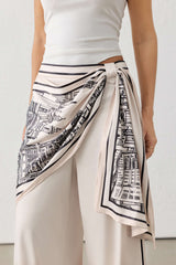 "Artistic Print Satin Ruched Asymmetrical Wide Leg Pants"