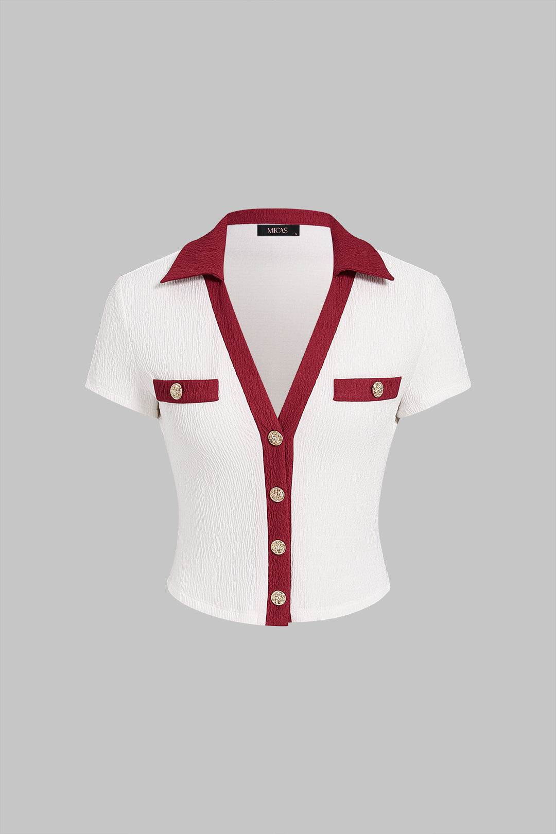 "Contrast Trim Textured Button Short Sleeve Top"